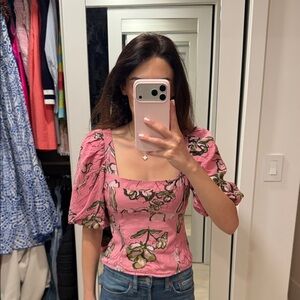 Pink Floral Puff-Sleeve Square-Neck Top